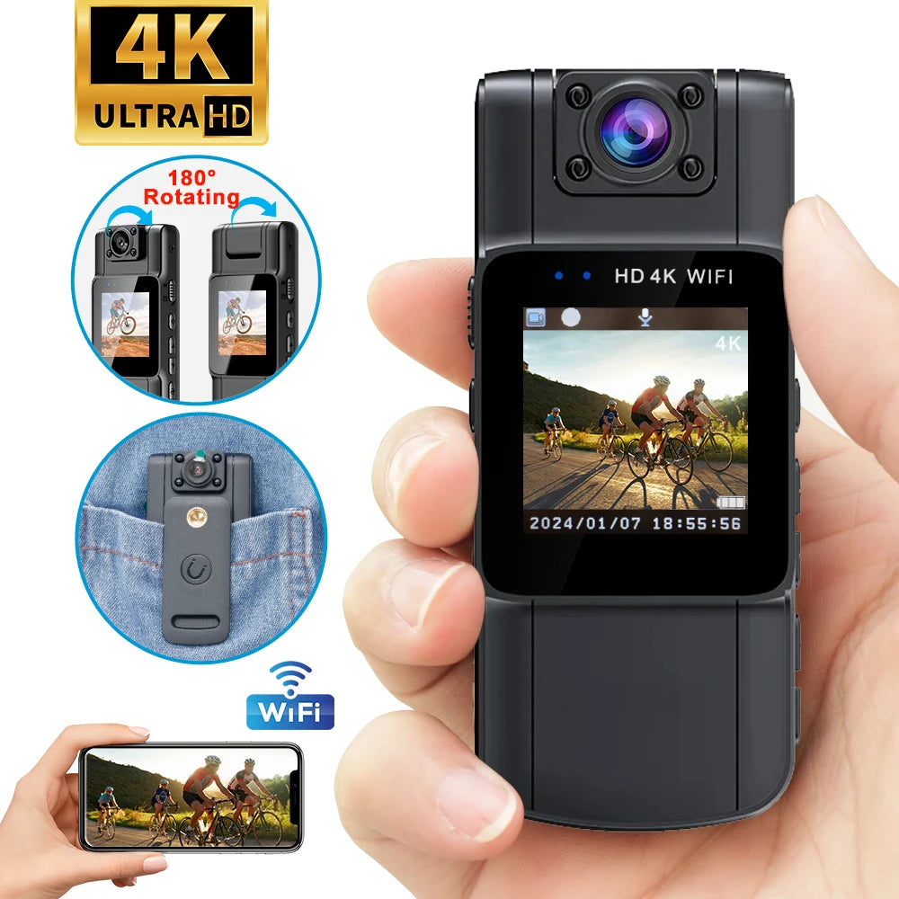 SafeVision 4K Bodycam – Slimme Beveiligingscamera met Roteerbare Lens & Wifi